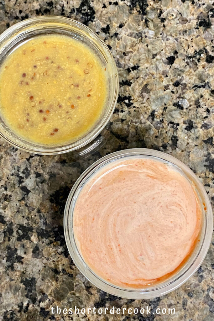 Two dips maple mustard and siracha ranch ready to eat in small glass bowls