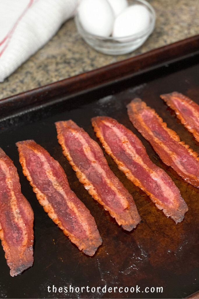 How to Cook Turkey Bacon in the Oven sheet pan with cooked turkey bacon ready to eat