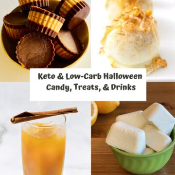 Keto & Low-Carb Halloween Candy, Treats, & Drinks PIN four recipe images for keto peanut butter cups, pumpki spice truffles, butter beer and lemon fat bombs