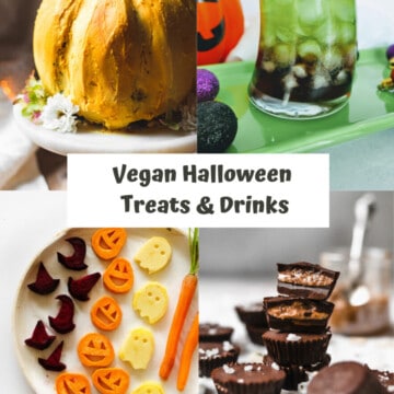 Vegan Halloween Treats & Drinks PN1 4 images for vegan pumpkin shaped cake, almond butter cups, a green and black cocktail and roasted veggies cut out like halloween shapes