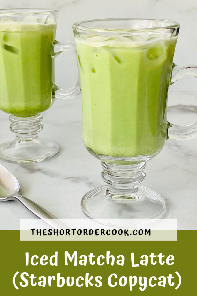 iced Matcha Latte (Starbucks Copycat) PIN two glasses of green matcha iced tea ready to drink