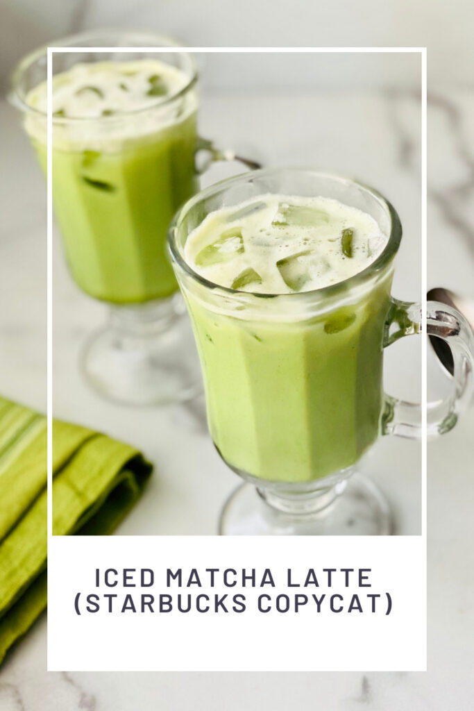 iced Matcha Latte (Starbucks Copycat) PIN REDO two glasses filled with ice and cream and green match tea ready to drink and green cloth napkin