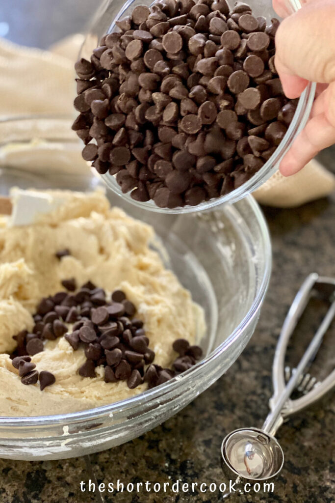 Chocolate Chip Cookies without Brown Sugar add chocolates to batter in the bowl