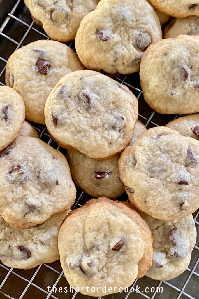 Chocolate Chip Cookies without Brown Sugar stacked cookies on the cooling rack