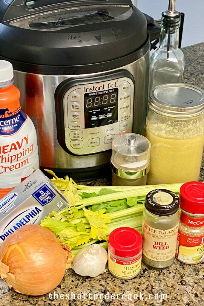 Instant Pot Cream of Celery Soup ingredients includng celery spices onion broth cream cream cheese and the instant pot