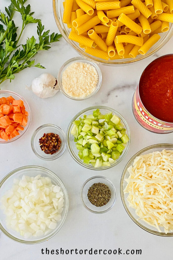 Rigatoni al Forno (Baked Pasta) ingredients in bowls