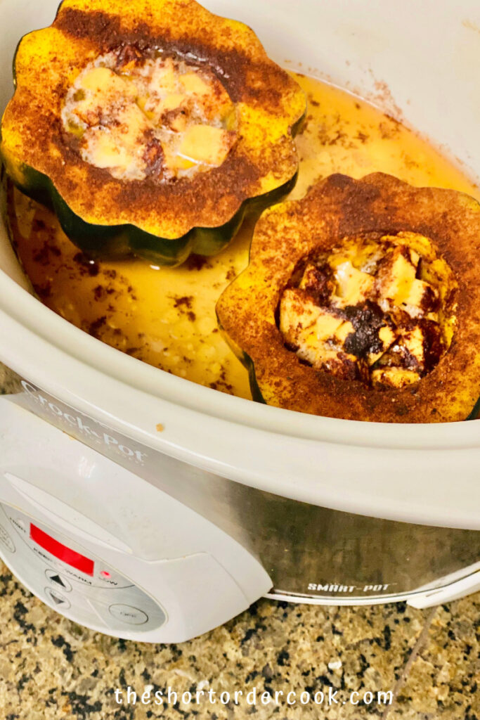 Slow Cooker Brown Sugar Acorn Squash cooked and ready in the Crock Pot insert