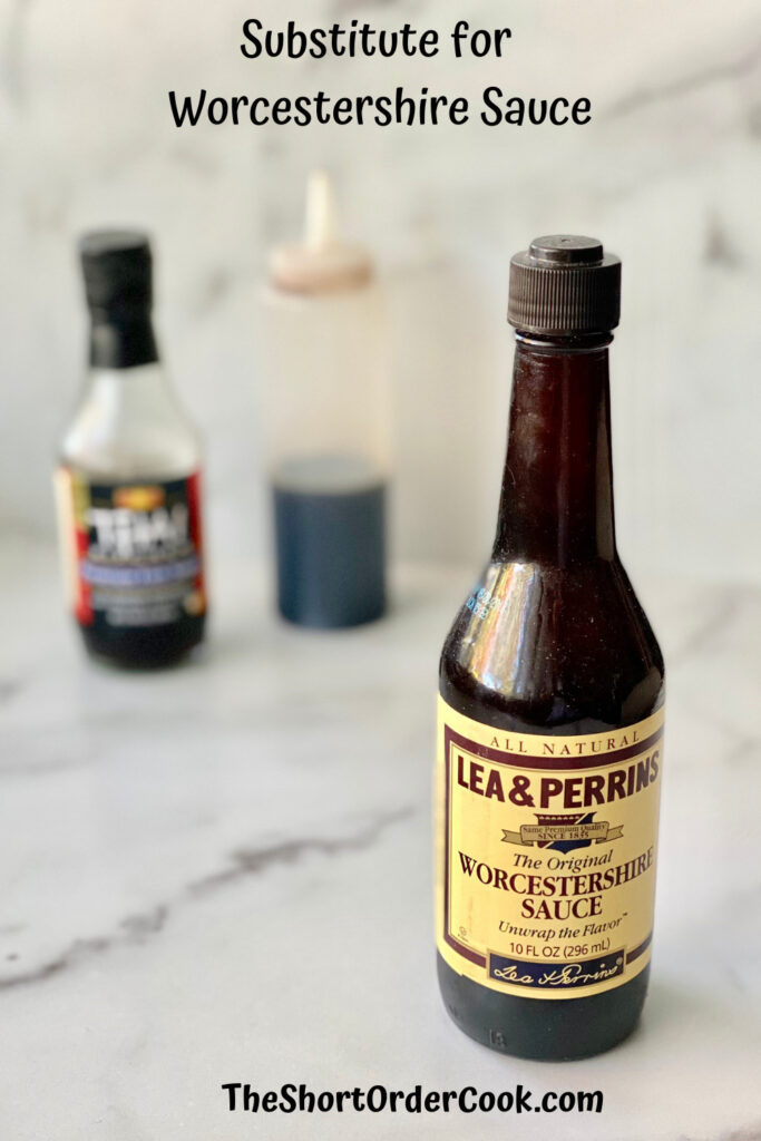 Substitute for Worcestershire Sauce PN1 a bottle of worcestershire sauce in the foreground and a bottle of soy sauce and fish sauce in the background