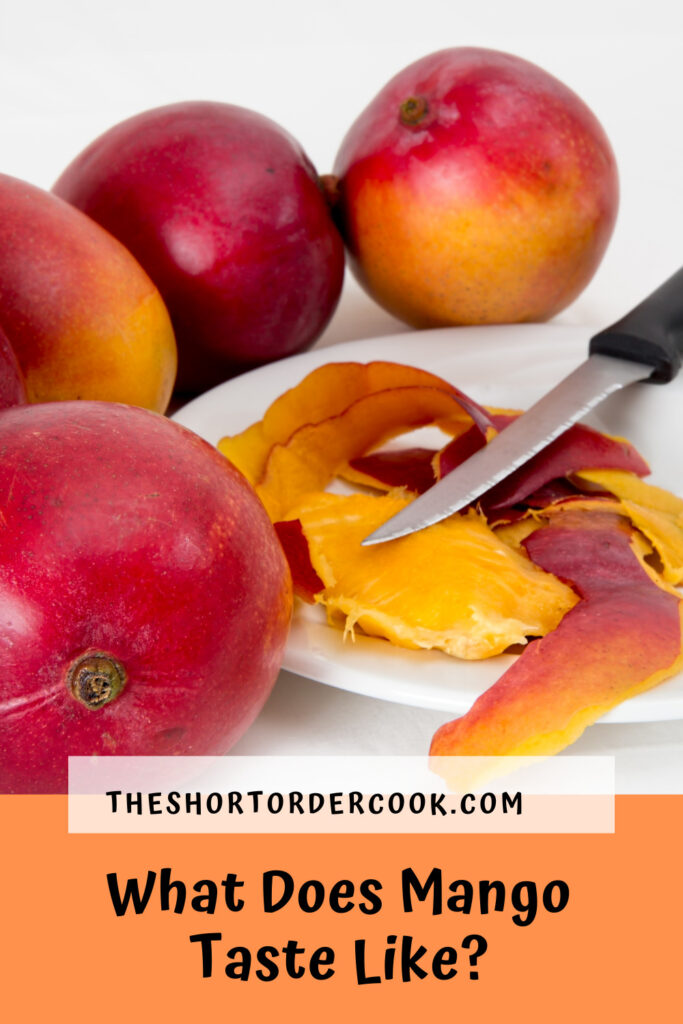 What Does Mango Taste Like PIN a white plate with a cut mango and knife on it and several mangos around it