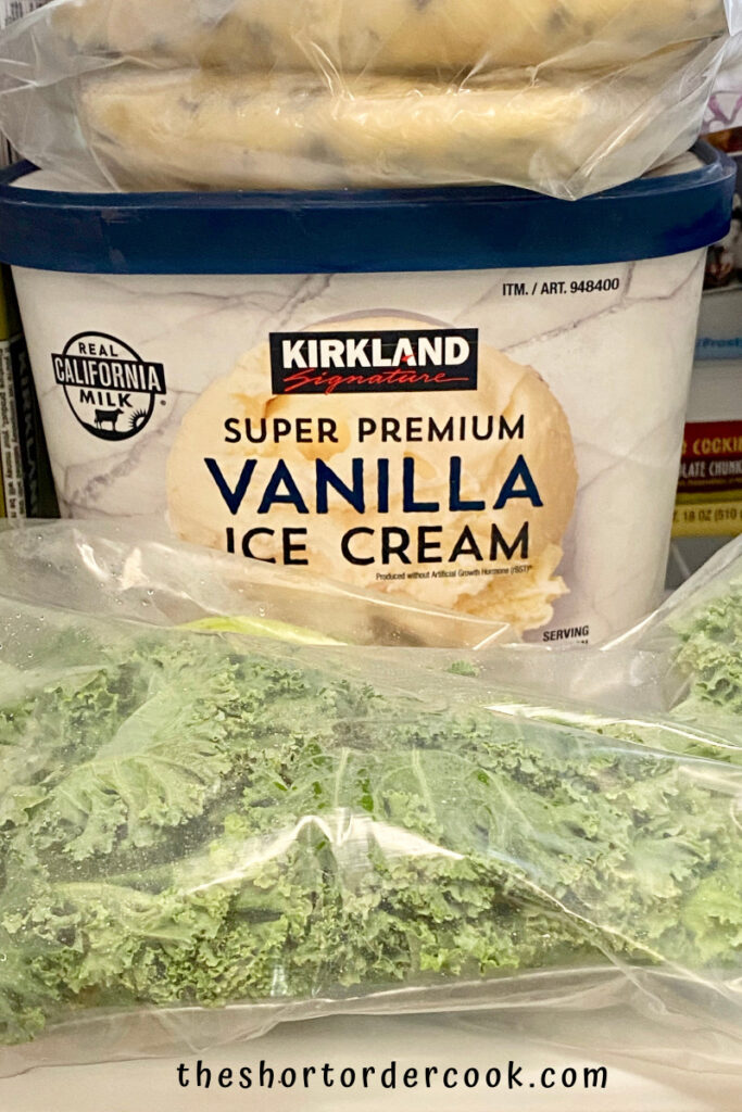 Can You Freeze Kale? kale in a ziploc bag in the freezer on a shelf with ice cream