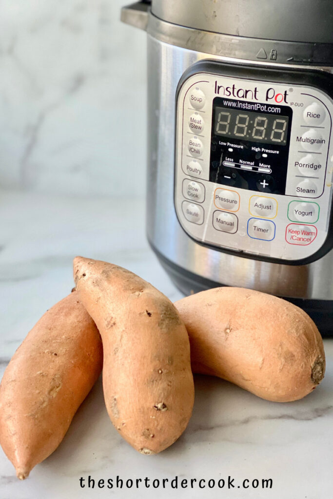 Instant Pot Cubed Sweet Potatoes ingredients 3 whole sweet potatoes and the instant pot on the counter