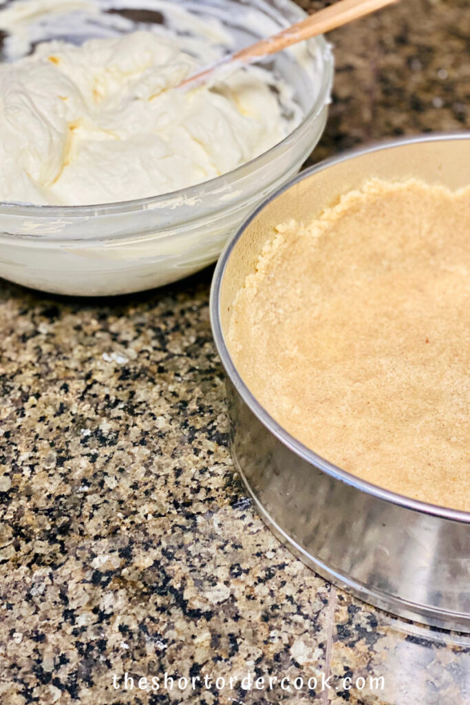 Keto No-Bake Cheesecake chilled crust ready to be filled with ready cheesecake filling