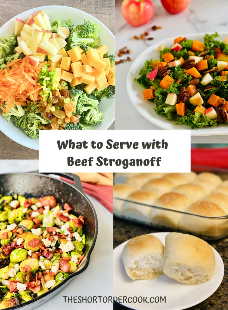 What to Serve with Beef Stroganoff PN1 4 recipe images for broccoli salad, kale butternut salad sauteed brussel sprouts and dinner rolls
