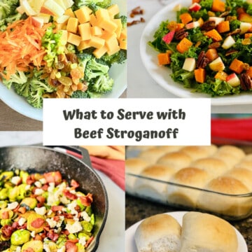 What to Serve with Beef Stroganoff PN1 4 recipe images for broccoli salad, kale butternut salad sauteed brussel sprouts and dinner rolls