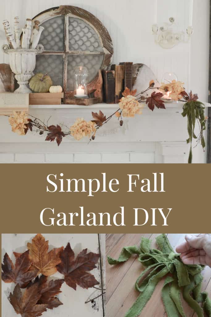 blog hop 440 Simple-fall-garland-683x1024 janetclarkathome a fall colored leaf garliand hanging on a white mantel