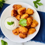 Air Fryer Popcorn Chicken recipe card plated with fresh parsley and ranch dressing