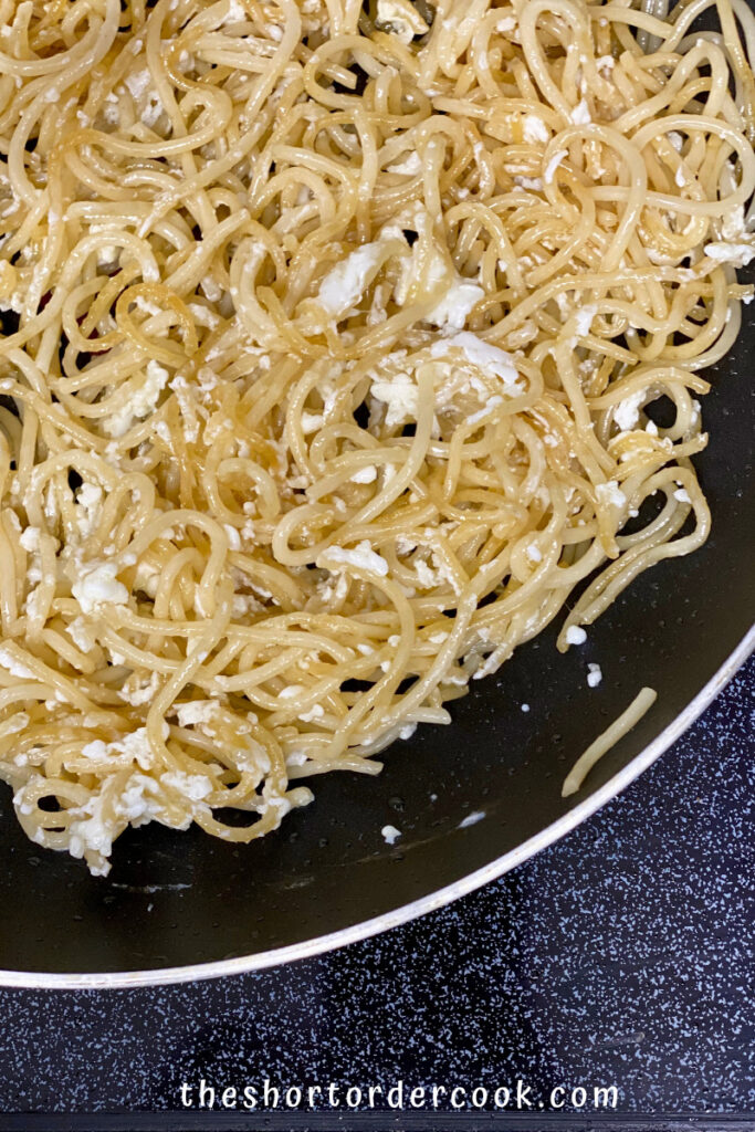 Fried Spaghetti with Eggs cooked spaghetti and egg whites fried in the skillet