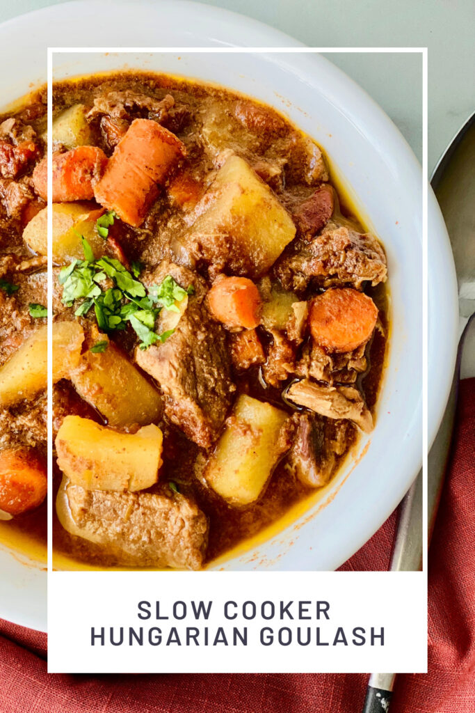 Slow Cooker Hungarian Goulash PINREDO overhead of a bowl full and a spoon to the side
