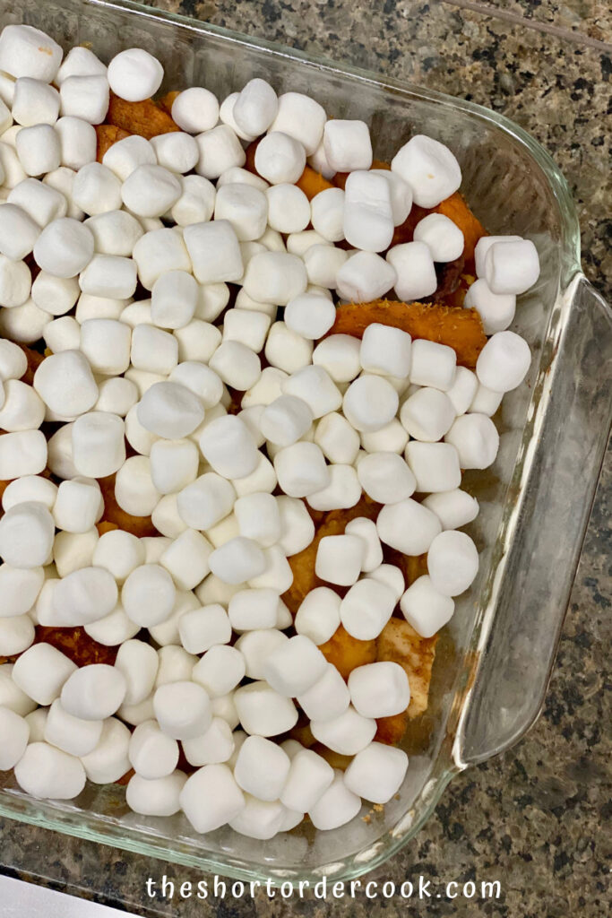 Sweet Potato Marshmallow Casserole partially baked and marshmallows added on the top