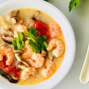 Tom Yum Soup with Noodles featured closeup overhead of a bowl filled and a white spoon