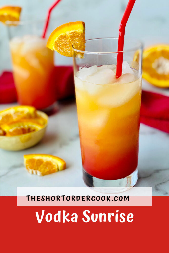 Vodka Sunrise PIN two glasses ready to drink with straws and orange wedge garnish