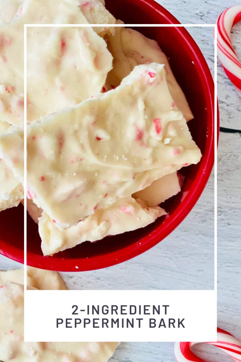 2-Ingredient Peppermint Bark PINREDO overhead red bowl filled with bark pieces and candy cane on the side