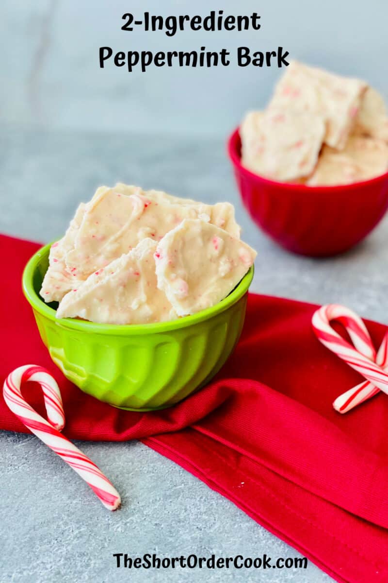 2-Ingredient Peppermint Bark PN1 two bowls filled and a red napkin plus candy canes