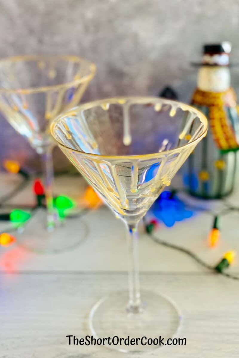 Eggnog Vodka Martini glasses with caramel dripping down the rims