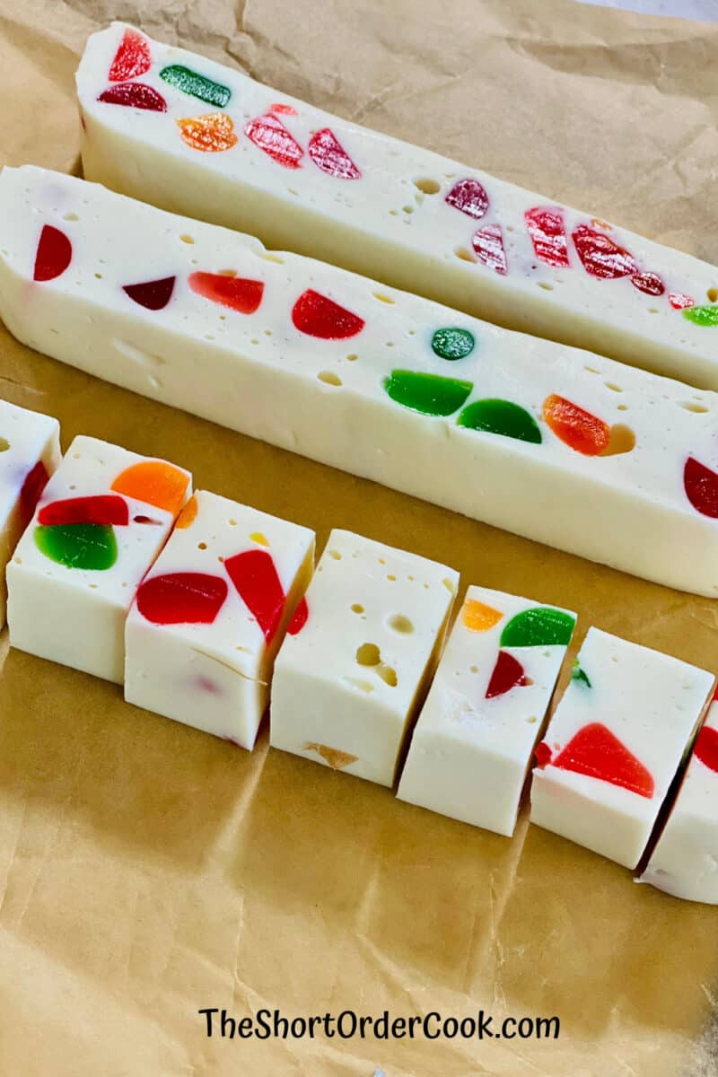 Gumdrop Nougat cut into row and then square chunks for eating