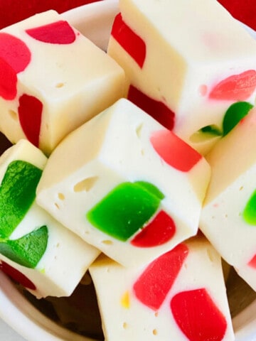 Gumdrop Nougat featured closeup overhead with red napkin