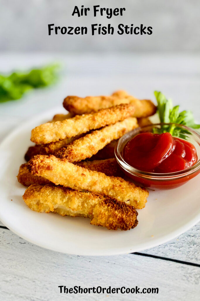 Air Fryer Frozen Fish Sticks plated ready to eat with ketchup