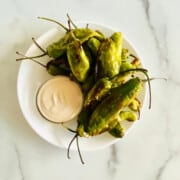 Air Fryer Shishito Peppers recipe card plate ready to eat with dip