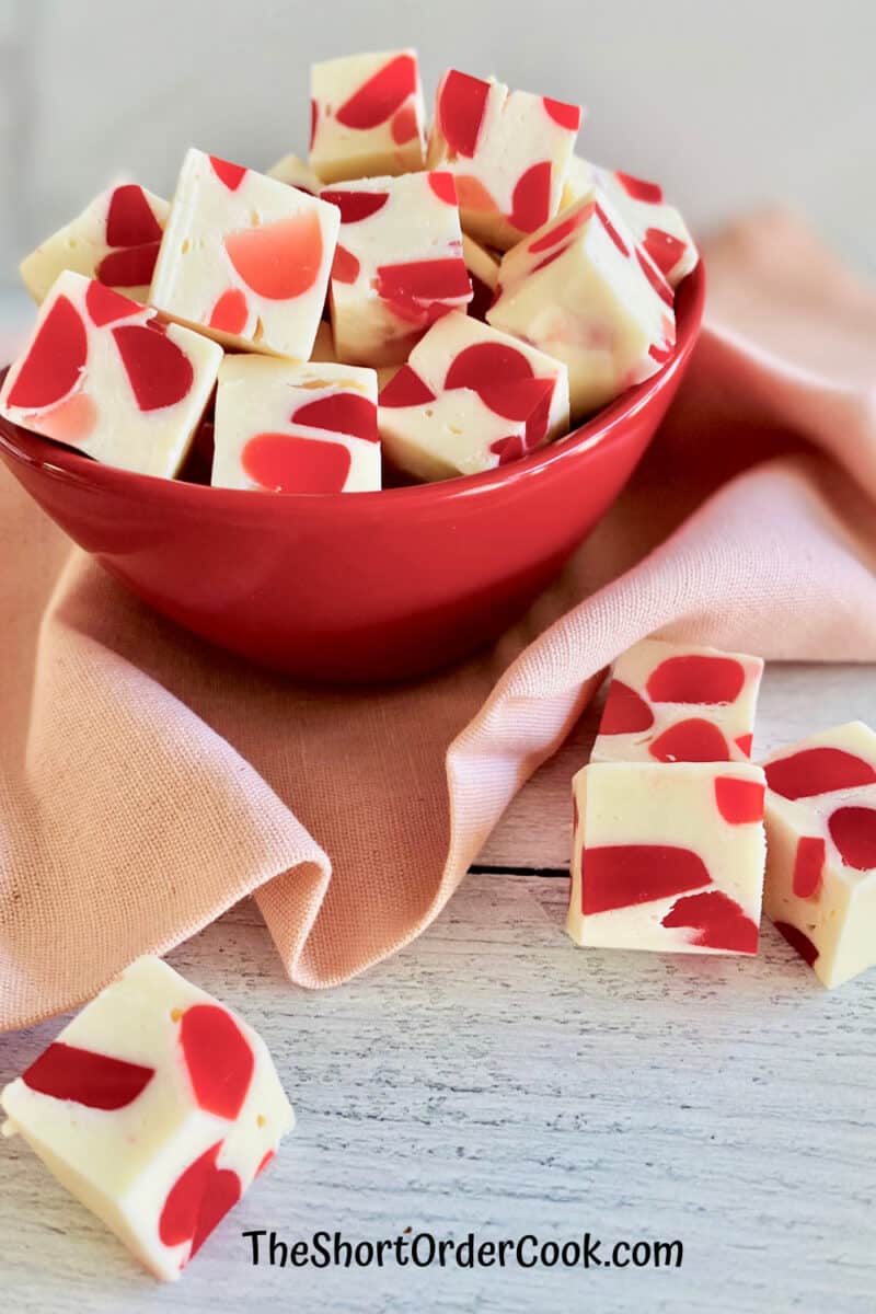 Gumdrop Nougat red bowl and nougat with red and pink dots for Valentine's Day