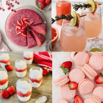 4 recipe images for pink vegan cake grapefruit mocktail strawberry mousse parfaits and pink macarons