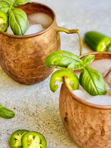 spicy jalapeno basil moscow mules ready to drink in copper mugs