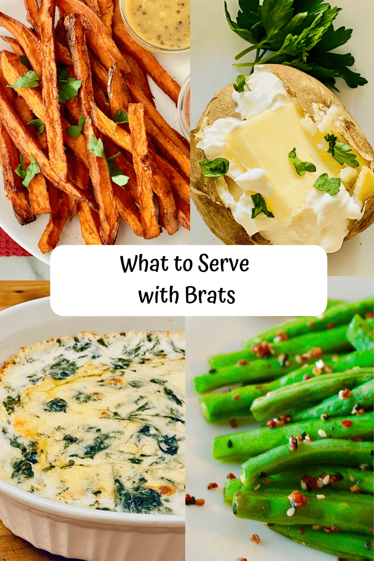 4 recipe images for sweet potato fries baked potato creamed spinach and roasted green beans