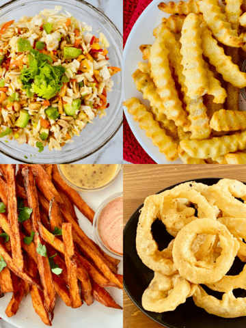 4 recipe images for avocado slaw french fries sweet potato fries and onion rings
