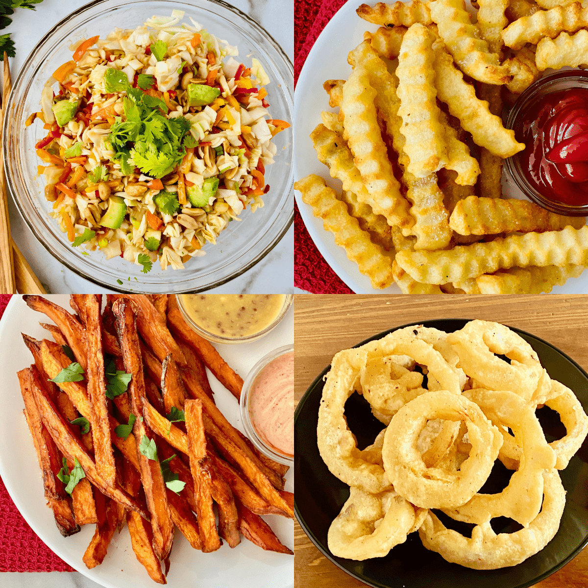 4 recipe images for avocado slaw french fries sweet potato fries and onion rings