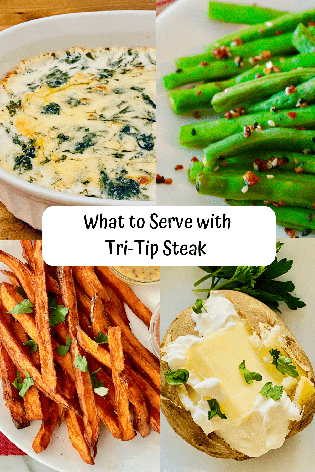 4 recipe images for creamed spinach green beans sweet potato fries and toaster oven baked potato
