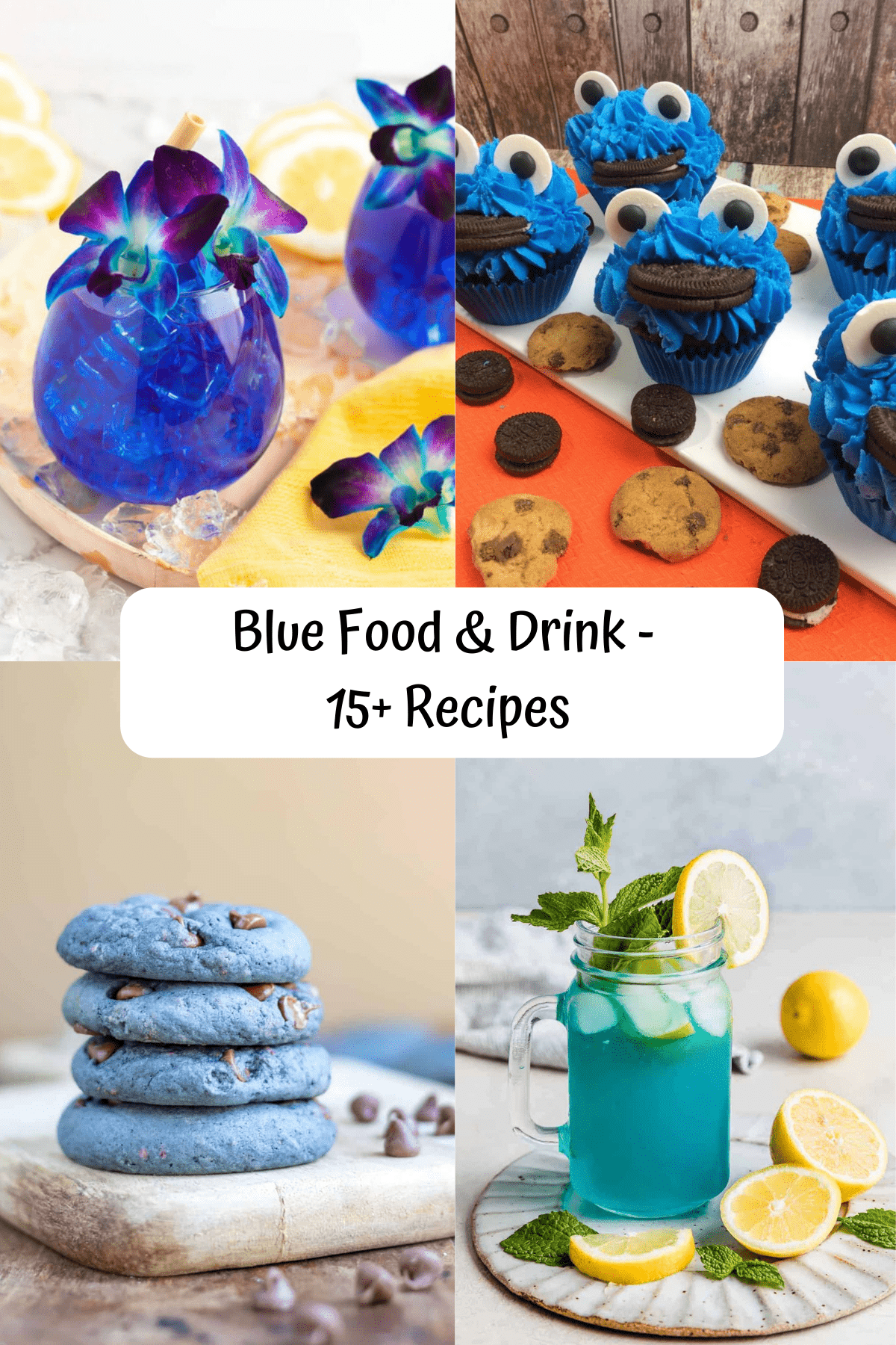  4 recipe images for blue lemonade, mocktail, cookies and cupcakes