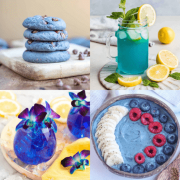 4 recipe images for blue cookies, lemonade, blue lagoon mocktail, and smoothie bowl.