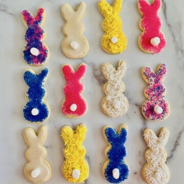 Bunny shaped frosted and decorated cookies.