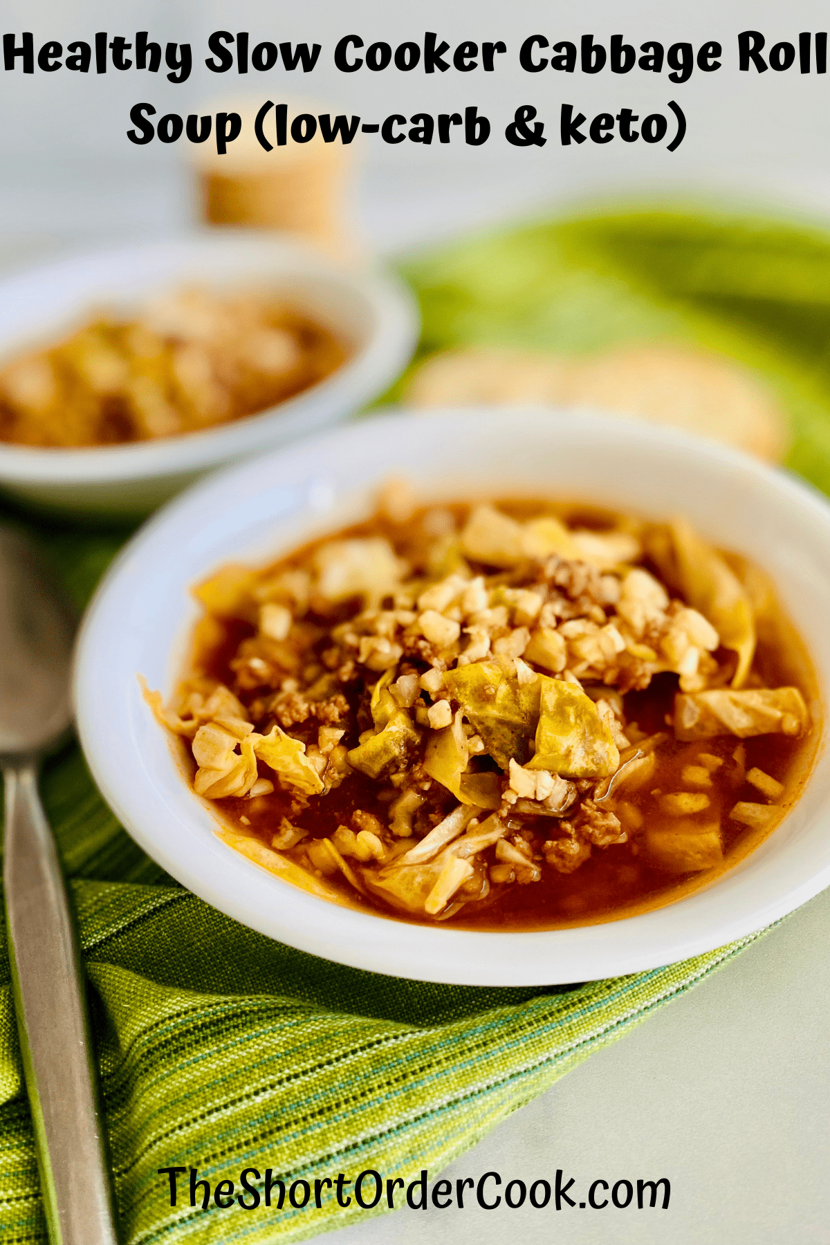 two bowls filled with low carb cabbage roll soup.