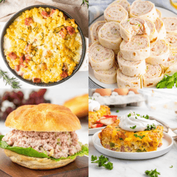 4 recipe images for baked ham pasta, ham pinwheels, ham salad sandwich and ham egg bake.
