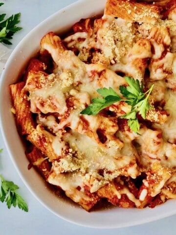 Pasta al Forno (baked pasta) featured in a casserole dish ready to eat