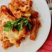 Pasta al Forno (baked pasta) plated with fresh parsley on top