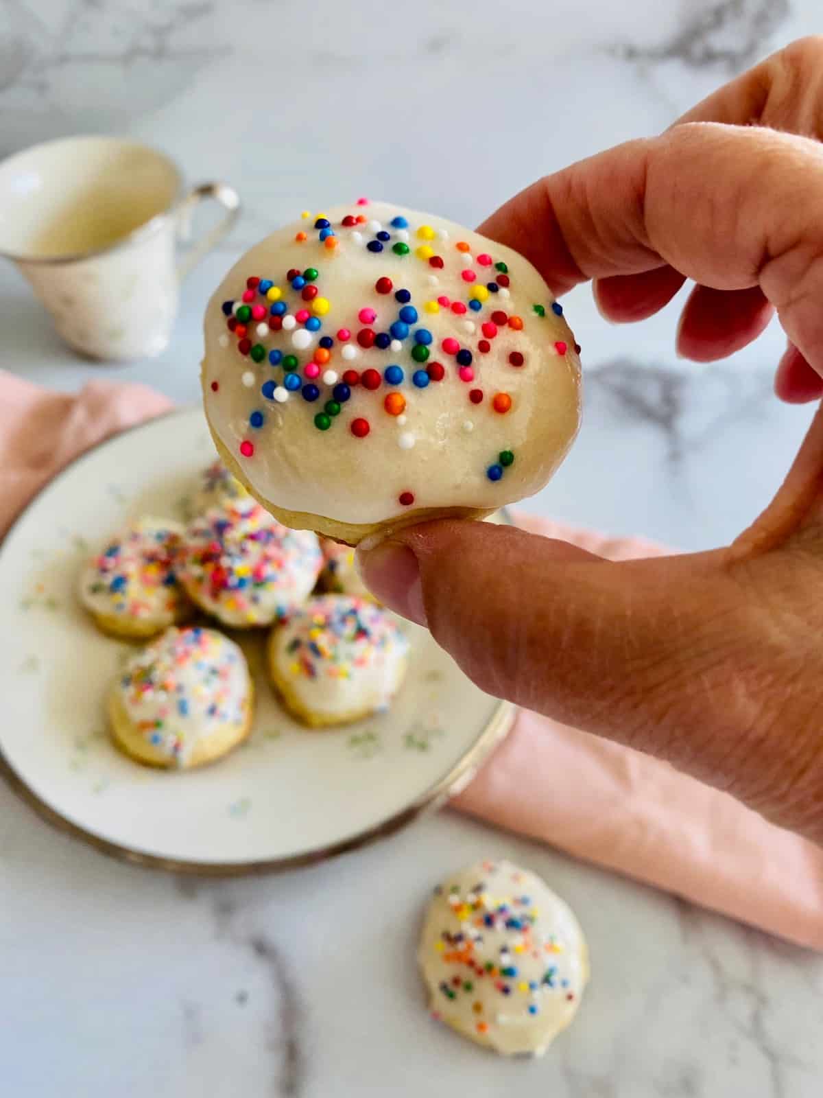Hand holding a frosting and spinkle covered ricotta cookie.