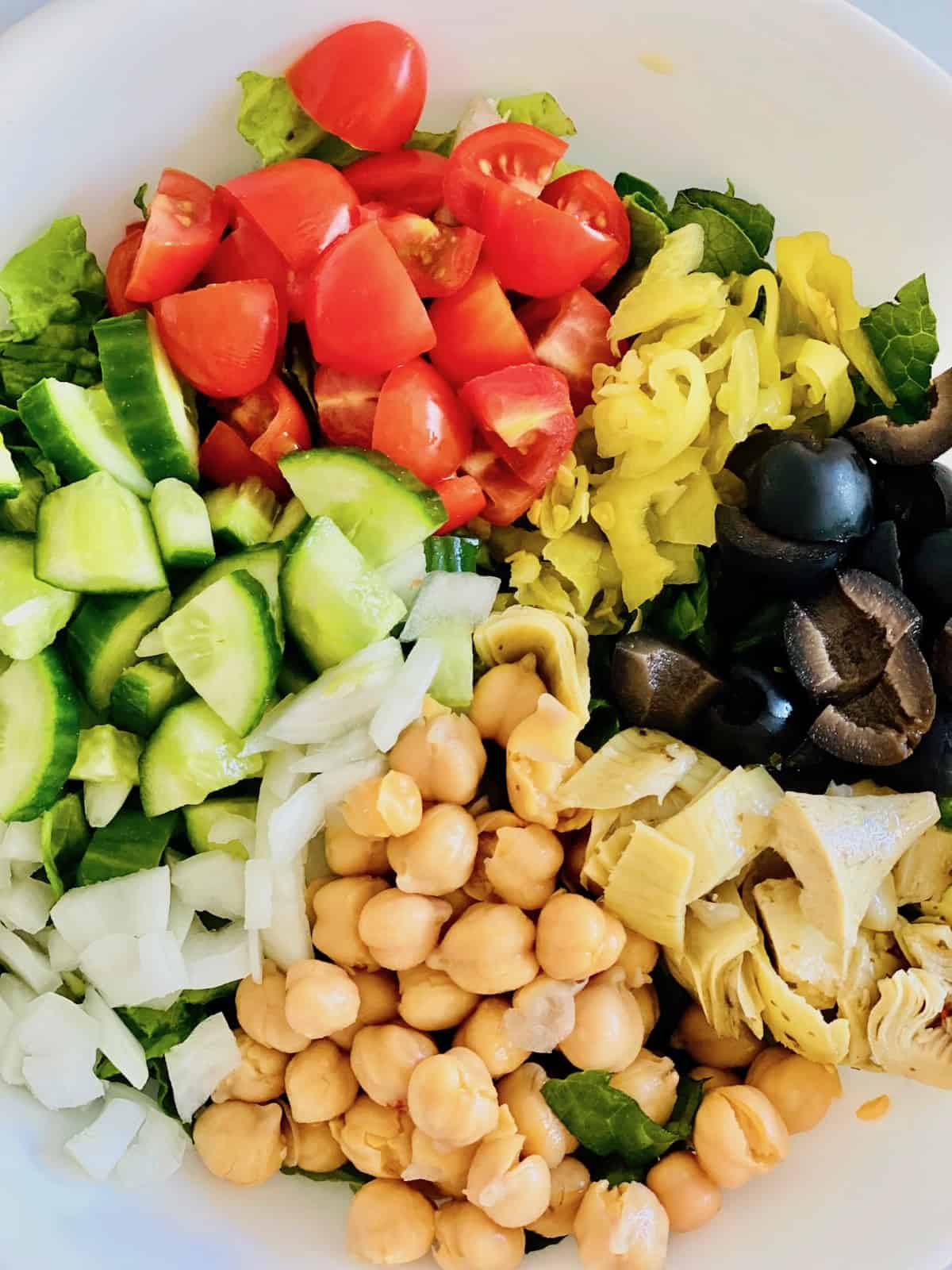 Overhead view of the salad bowl with each ingredients in a wedged section