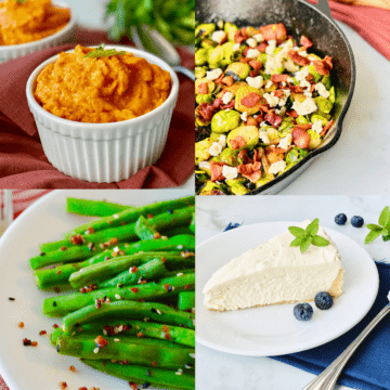 4 recipe images for whipped sweet potatoes, brussel sprouts, green beans and keto cheesecake