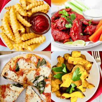 4 air fryer recipe images for fries, hot wings, pizza, and acorn squash.